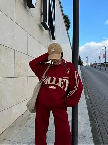 Kadın Üç İplik Pamuklu Yakalı Sweat Baggy Pantalonlu Takım - Bordo