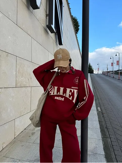 Kadın Üç İplik Pamuklu Yakalı Sweat Baggy Pantalonlu Takım - Bordo