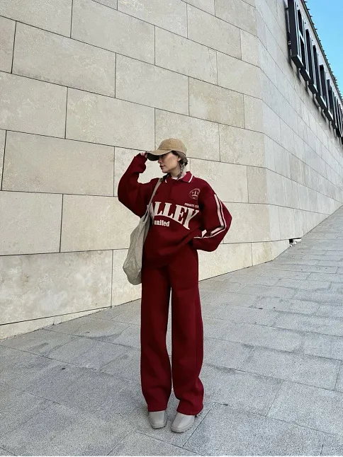 Kadın Üç İplik Pamuklu Yakalı Sweat Baggy Pantalonlu Takım - Bordo