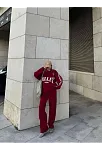 Kadın Üç İplik Pamuklu Yakalı Sweat Baggy Pantalonlu Takım - Bordo
