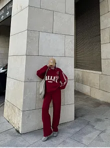 Kadın Üç İplik Pamuklu Yakalı Sweat Baggy Pantalonlu Takım - Bordo