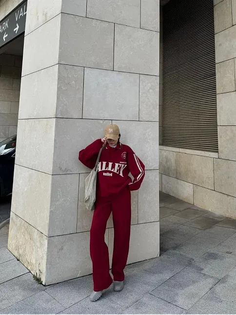 Kadın Üç İplik Pamuklu Yakalı Sweat Baggy Pantalonlu Takım - Bordo