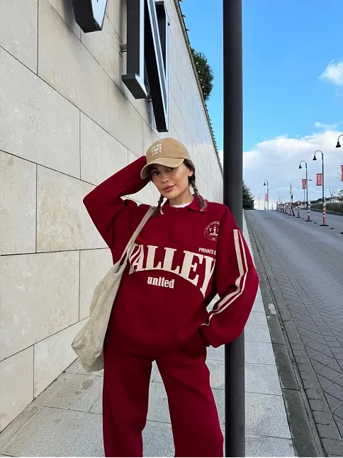 Kadın Üç İplik Pamuklu Yakalı Sweat Baggy Pantalonlu Takım - Bordo