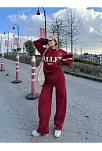 Kadın Üç İplik Pamuklu Yakalı Sweat Baggy Pantalonlu Takım - Bordo