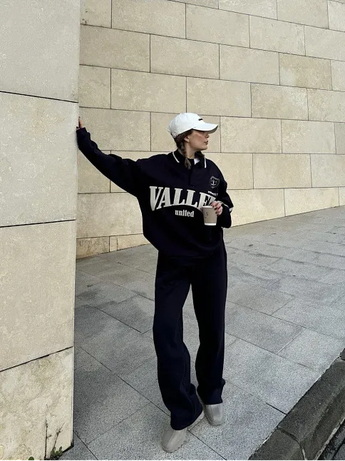 Üç İplik Yakalı Sweat Baggy Pantalonlu Takım - Siyah