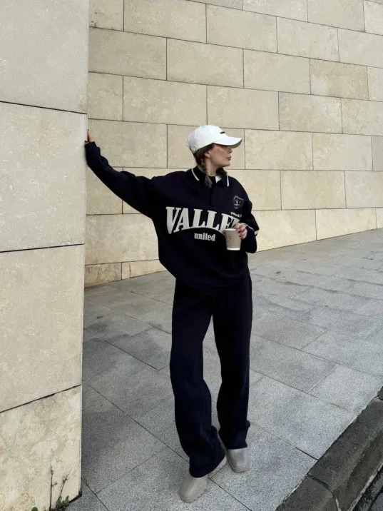 Üç İplik Yakalı Sweat Baggy Pantalonlu Takım - Siyah