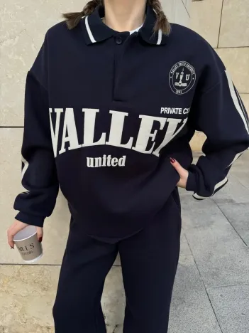 Üç İplik Yakalı Sweat Baggy Pantalonlu Takım - Siyah Üç İplik Yakalı Sweat Baggy Pantalonlu Takım - Siyah