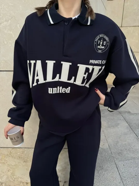 Üç İplik Yakalı Sweat Baggy Pantalonlu Takım - Siyah Üç İplik Yakalı Sweat Baggy Pantalonlu Takım - Siyah