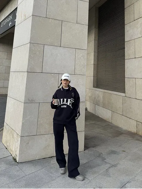 Üç İplik Yakalı Sweat Baggy Pantalonlu Takım - Siyah
