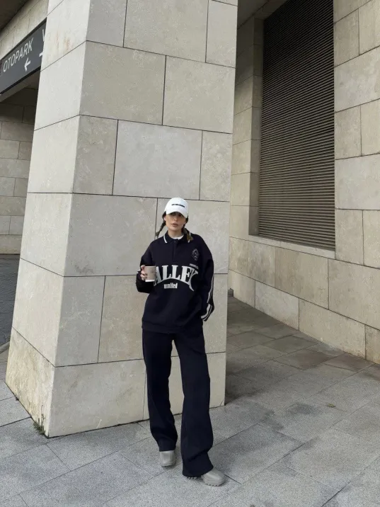 Üç İplik Yakalı Sweat Baggy Pantalonlu Takım - Siyah