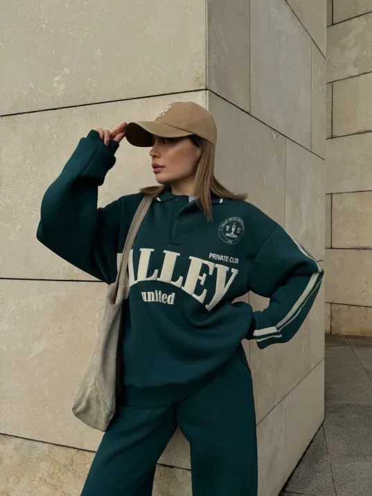 Üç İplik Yakalı Sweat Baggy Pantalonlu Takım - Yeşil