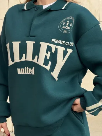 Üç İplik Yakalı Sweat Baggy Pantalonlu Takım - Yeşil Üç İplik Yakalı Sweat Baggy Pantalonlu Takım - Yeşil