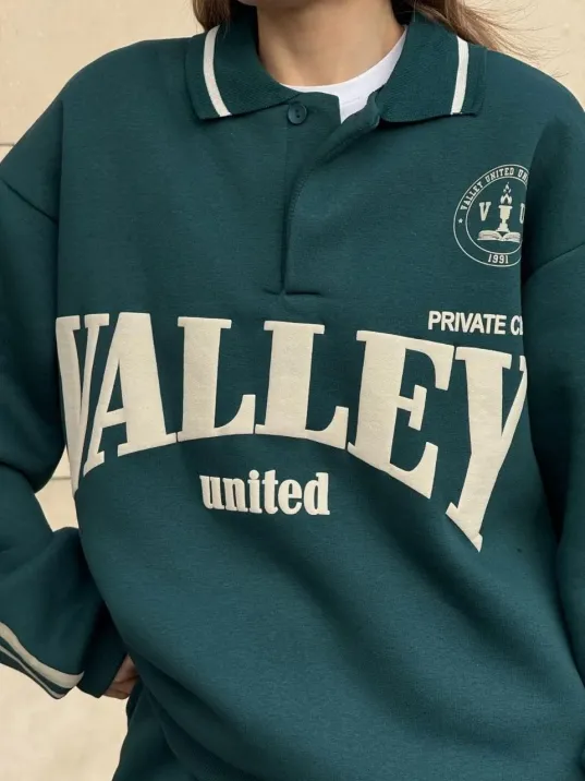 Üç İplik Yakalı Sweat Baggy Pantalonlu Takım - Yeşil Üç İplik Yakalı Sweat Baggy Pantalonlu Takım - Yeşil