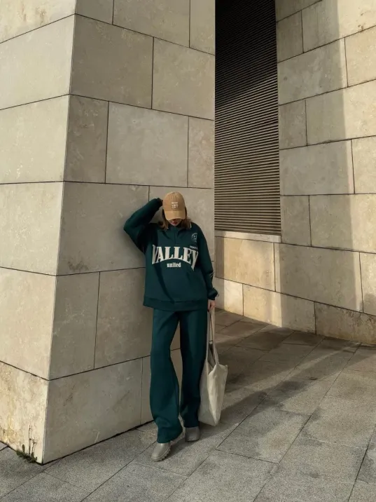 Üç İplik Yakalı Sweat Baggy Pantalonlu Takım - Yeşil