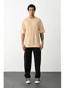 Erkek Düz Basic Bisiklet Yaka Kısa Kol T-shirt - Bej