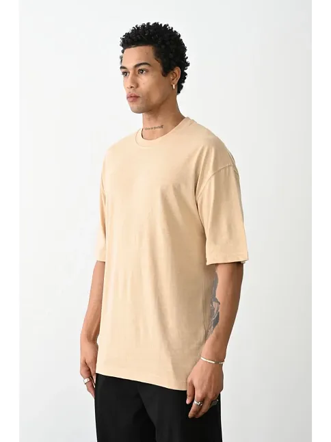 Erkek Düz Basic Bisiklet Yaka Kısa Kol T-shirt - Bej