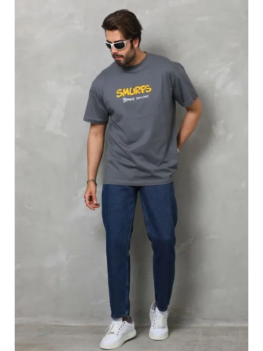 Unisex Basic Bisiklet Yaka Oversize T-Shirt - Füme Unisex Basic Bisiklet Yaka Oversize T-Shirt - Füme