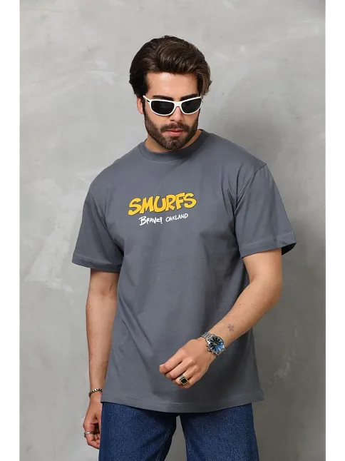Unisex Basic Bisiklet Yaka Oversize T-shirt - Füme