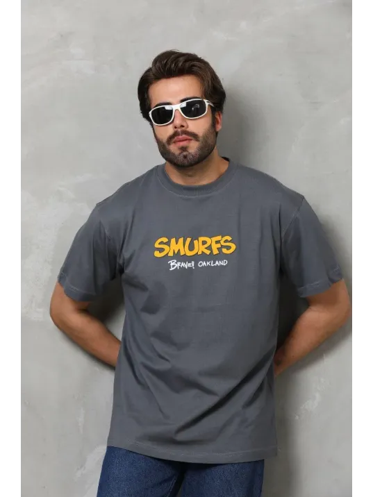 Unisex Basic Bisiklet Yaka Oversize T-Shirt - Füme Unisex Basic Bisiklet Yaka Oversize T-Shirt - Füme