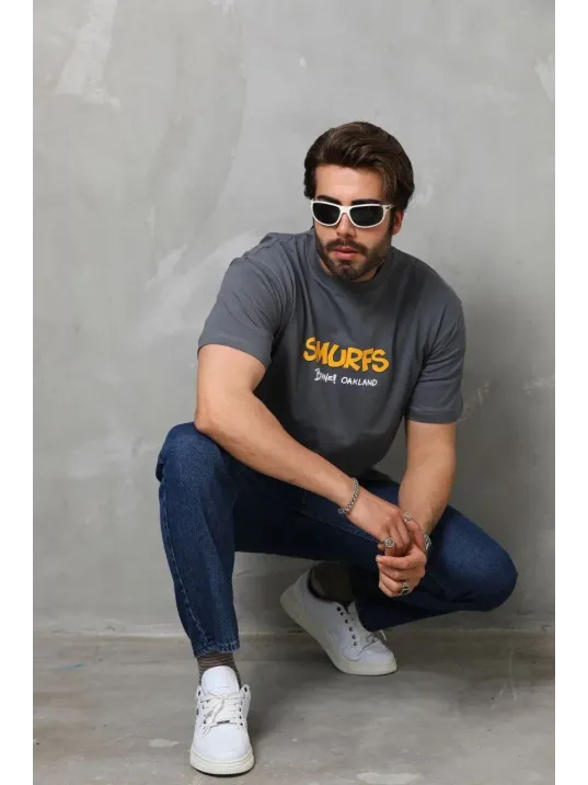 Unisex Basic Bisiklet Yaka Oversize T-Shirt - Füme Unisex Basic Bisiklet Yaka Oversize T-Shirt - Füme