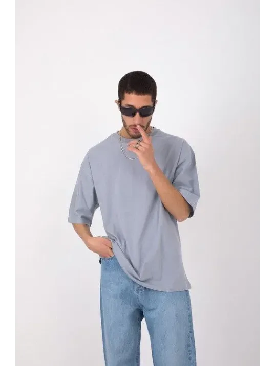 Unisex Basic Bisiklet Yaka Oversize T-Shirt - Gri Unisex Basic Bisiklet Yaka Oversize T-Shirt - Gri