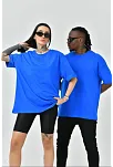 Unisex Basic Bisiklet Yaka Oversize T-shirt - Mavi