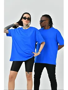Unisex Basic Bisiklet Yaka Oversize T-shirt - Mavi