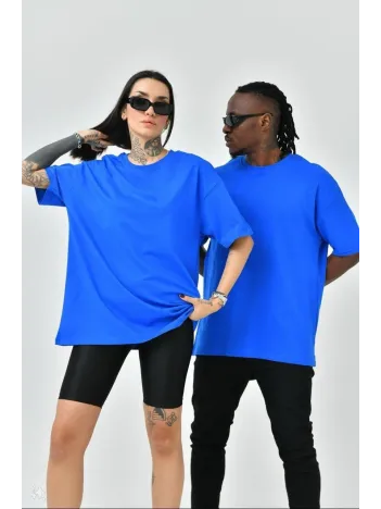 Unisex Basic Bisiklet Yaka Oversize T-Shirt - Mavi Unisex Basic Bisiklet Yaka Oversize T-Shirt - Mavi
