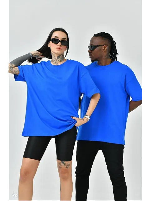 Unisex Basic Bisiklet Yaka Oversize T-shirt - Mavi