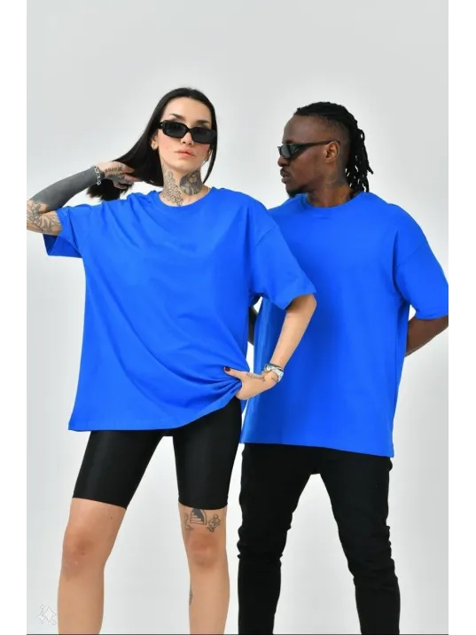 Unisex Basic Bisiklet Yaka Oversize T-Shirt - Mavi Unisex Basic Bisiklet Yaka Oversize T-Shirt - Mavi