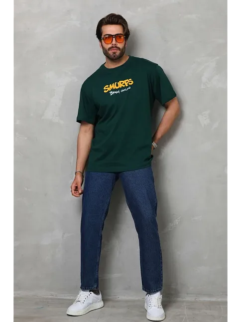 Unisex Basic Bisiklet Yaka Oversize T-shirt - Yeşil