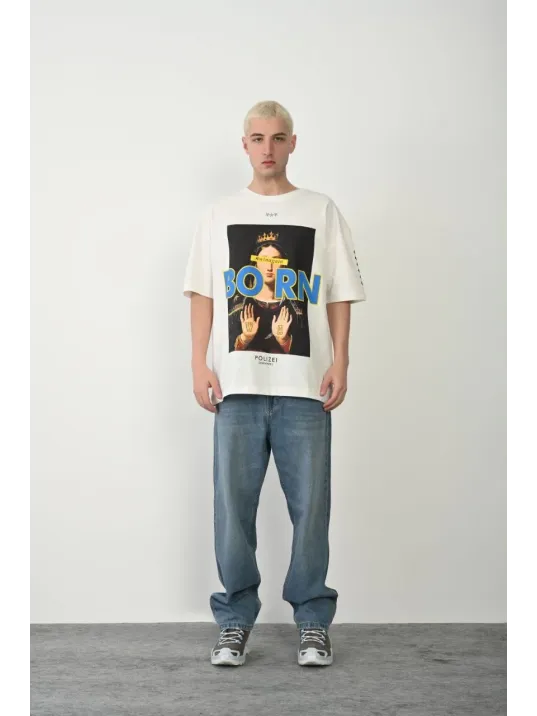 Unisex Baskılı Bisiklet Yaka Oversize T-Shirt - Beyaz Unisex Baskılı Bisiklet Yaka Oversize T-Shirt - Beyaz