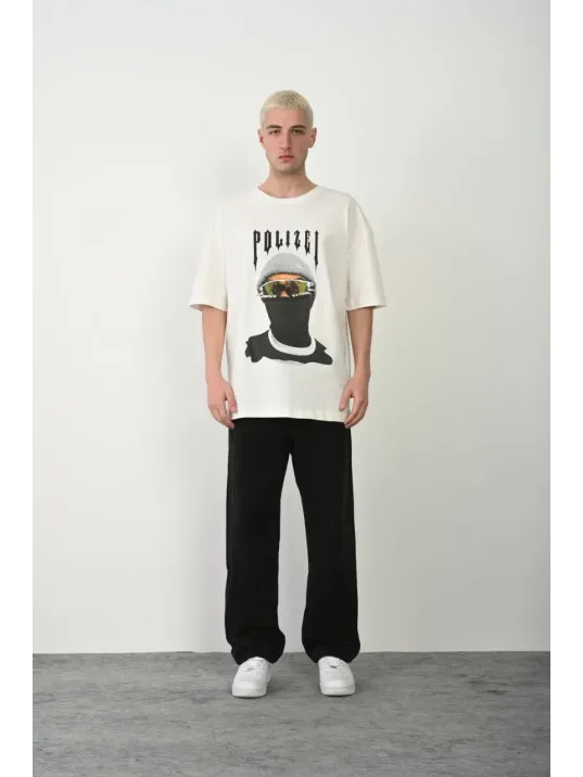 Erkek Baskılı T-shirt Kısa Kol Bisiklet Yaka Rahat Kalıp Tişört  - Beyaz