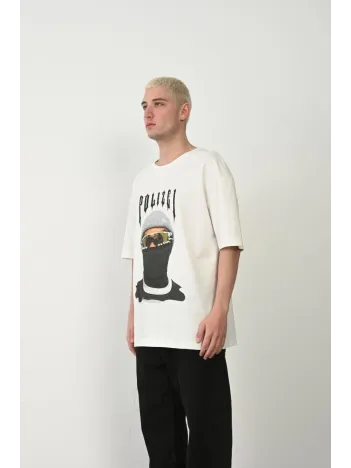 Erkek Baskılı T-shirt Kısa Kol Bisiklet Yaka Rahat Kalıp Tişört  - Beyaz