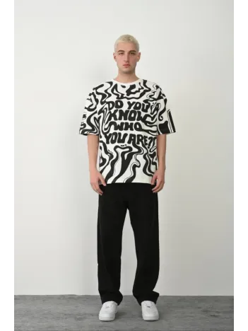 Unisex Baskılı Bisiklet Yaka Oversize T-Shirt - Beyaz