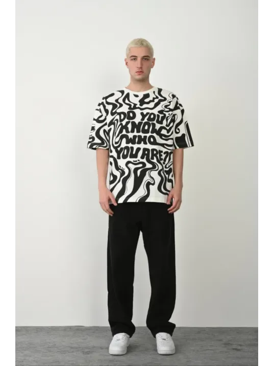 Unisex Baskılı Bisiklet Yaka Oversize T-Shirt - Beyaz Unisex Baskılı Bisiklet Yaka Oversize T-Shirt - Beyaz