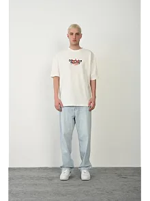 Erkek Baskılı T-shirt Kısa Kol Bisiklet Yaka Rahat Kalıp Tişört  - Beyaz