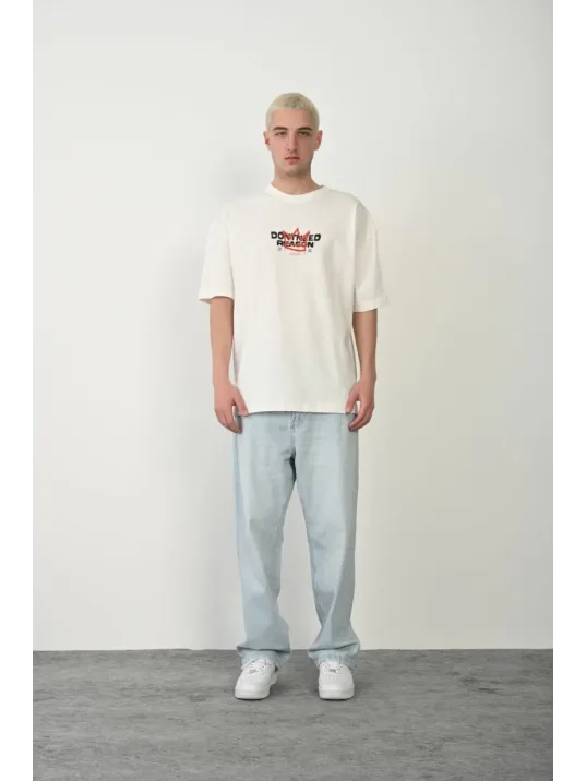 Unisex Baskılı Bisiklet Yaka Oversize T-Shirt - Beyaz Unisex Baskılı Bisiklet Yaka Oversize T-Shirt - Beyaz