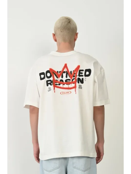 Unisex Baskılı Bisiklet Yaka Oversize T-shirt - Beyaz