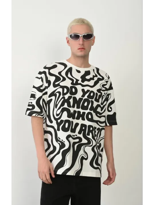 Unisex Baskılı Bisiklet Yaka Oversize T-Shirt - Beyaz Unisex Baskılı Bisiklet Yaka Oversize T-Shirt - Beyaz