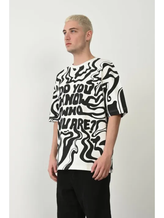 Unisex Baskılı Bisiklet Yaka Oversize T-Shirt - Beyaz Unisex Baskılı Bisiklet Yaka Oversize T-Shirt - Beyaz