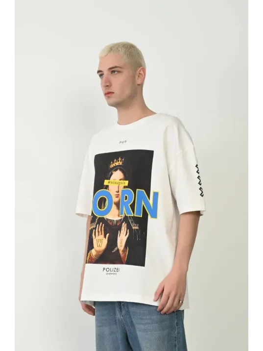 Unisex Baskılı Bisiklet Yaka Oversize T-Shirt - Beyaz Unisex Baskılı Bisiklet Yaka Oversize T-Shirt - Beyaz