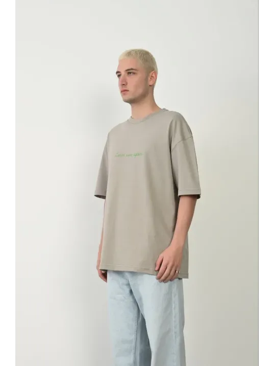 Erkek Baskılı T-shirt Kısa Kol Bisiklet Yaka Rahat Kalıp Tişört  - Boyalı Gri