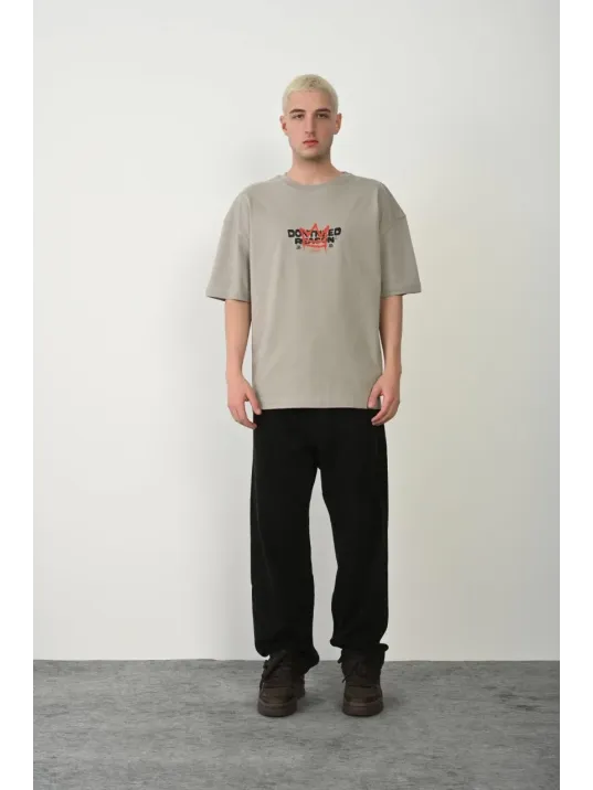 Erkek Baskılı T-shirt Kısa Kol Bisiklet Yaka Rahat Kalıp Tişört  - Boyalı Gri