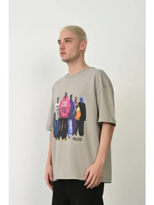 Erkek Baskılı T-shirt Kısa Kol Bisiklet Yaka Rahat Kalıp Tişört  - Boyalı Gri