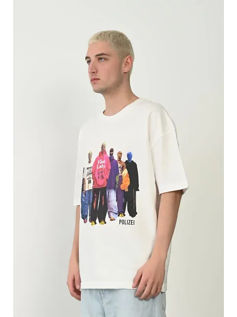 Erkek Baskılı T-shirt Kısa Kol Bisiklet Yaka Rahat Kalıp Tişört  - Beyaz