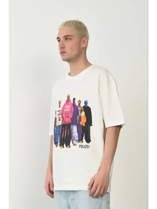 Erkek Baskılı T-shirt Kısa Kol Bisiklet Yaka Rahat Kalıp Tişört  - Beyaz