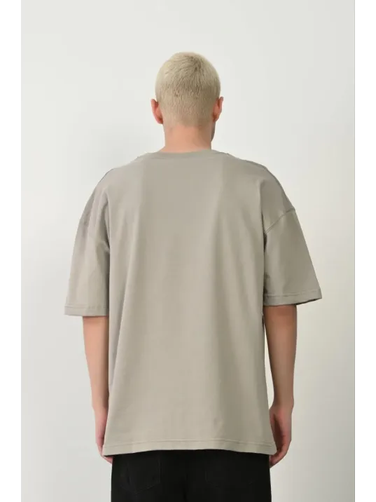 Erkek Baskılı T-shirt Kısa Kol Bisiklet Yaka Rahat Kalıp Tişört  - Boyalı Gri