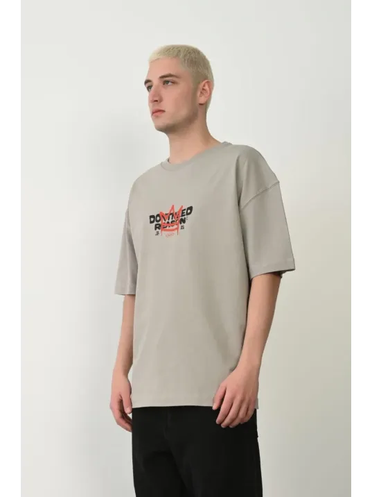 Erkek Baskılı T-shirt Kısa Kol Bisiklet Yaka Rahat Kalıp Tişört  - Boyalı Gri