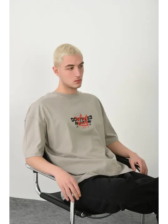 Erkek Baskılı T-shirt Kısa Kol Bisiklet Yaka Rahat Kalıp Tişört  - Boyalı Gri